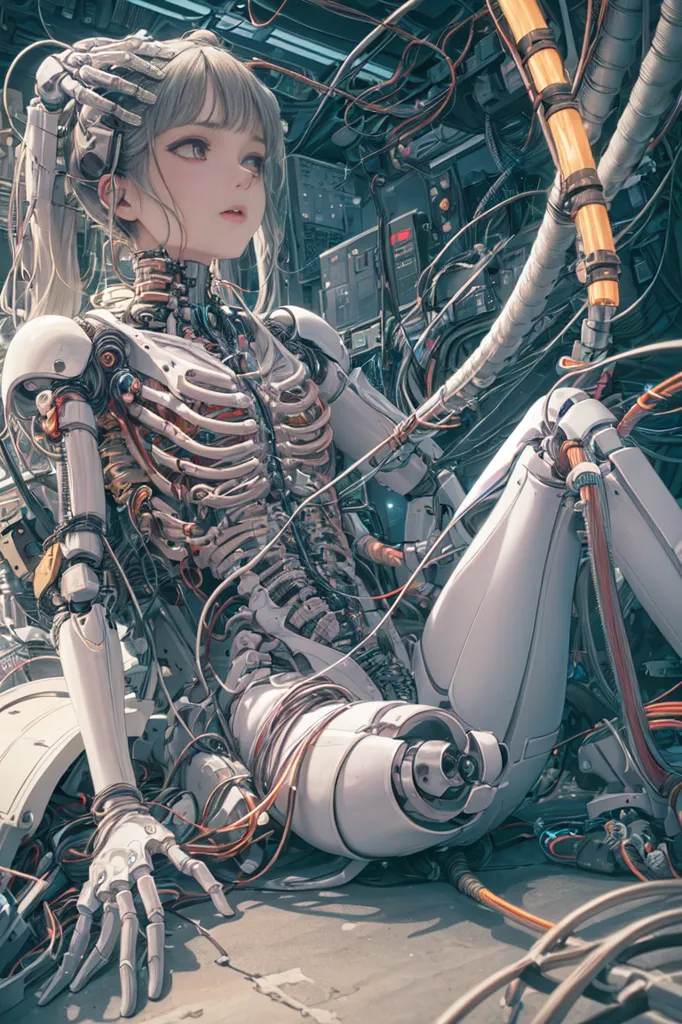 The image is a depiction of a female cyborg. She is sitting on a pile of scrap metal and wires. Her hair is white and she has grey eyes. Her face is expressionless. She is wearing a white bodysuit that is partially torn, revealing her robotic endoskeleton. Her right arm is missing and wires are sticking out of the stump. Her left arm is resting on her lap. Her legs are crossed and she is barefoot. The background of the image is a dark and dirty room with a large window on the left side.