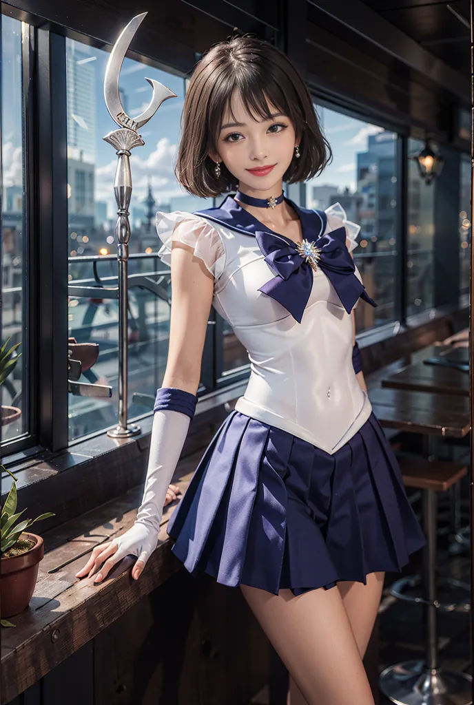 The image shows a young woman dressed in a Sailor Moon costume. She is standing in front of a window, with a cityscape in the background. The woman has short brown hair and brown eyes. She is wearing a white and blue sailor-style outfit, with a red bow at the front. She is also wearing white gloves and blue boots. The woman is standing with her left hand on a table, and her right hand is holding a silver wand.