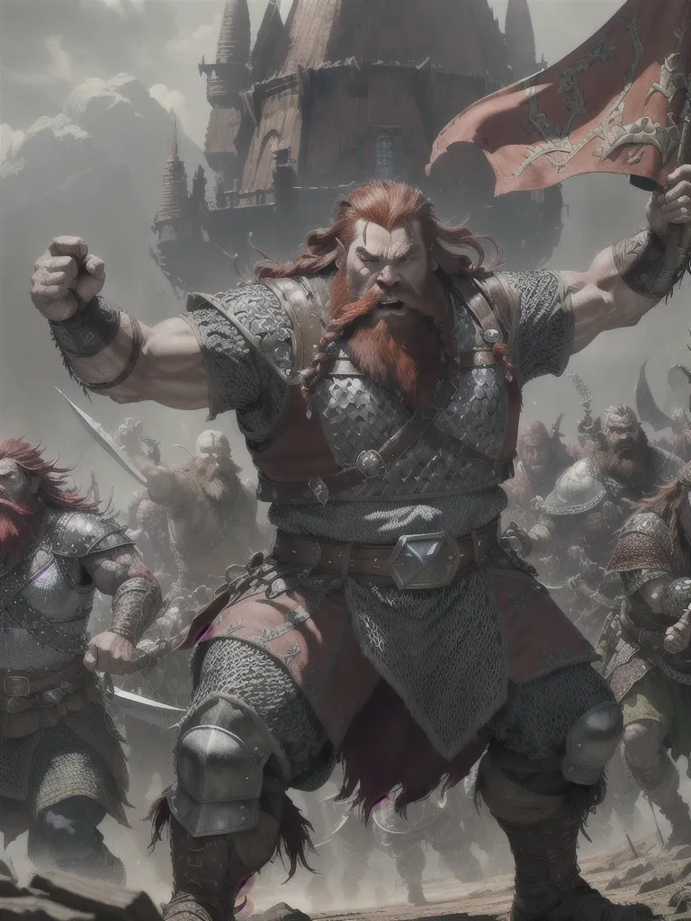 This image shows a group of dwarves, who are a fictional race of beings that are often depicted as being short and stocky, with long beards and a love of gold. They are often associated with mining and craftsmanship. In this image, the dwarves are depicted as being warriors, with one of them, who is larger than the others and has a red beard, appearing to be the leader, as he is holding a flag and is in the front of the group. The other dwarves are armed with a variety of weapons, including swords, axes, and shields. They are wearing armor and have helmets on, suggesting that they are ready for battle. The background of the image is a castle, which is likely the home of the dwarves. The image is full of action and excitement, and it captures the sense of adventure and danger that is often associated with dwarves.