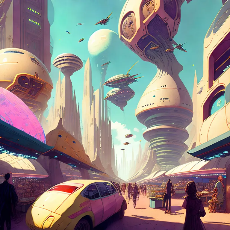 The image depicts a futuristic city with tall buildings, flying cars, and people walking around. The buildings are mostly white and have a lot of glass. The cars are sleek and look like they are from the future. The people are wearing clothes that are also futuristic. The image is very colorful and has a lot of detail. It is clear that the artist put a lot of thought into creating this image.