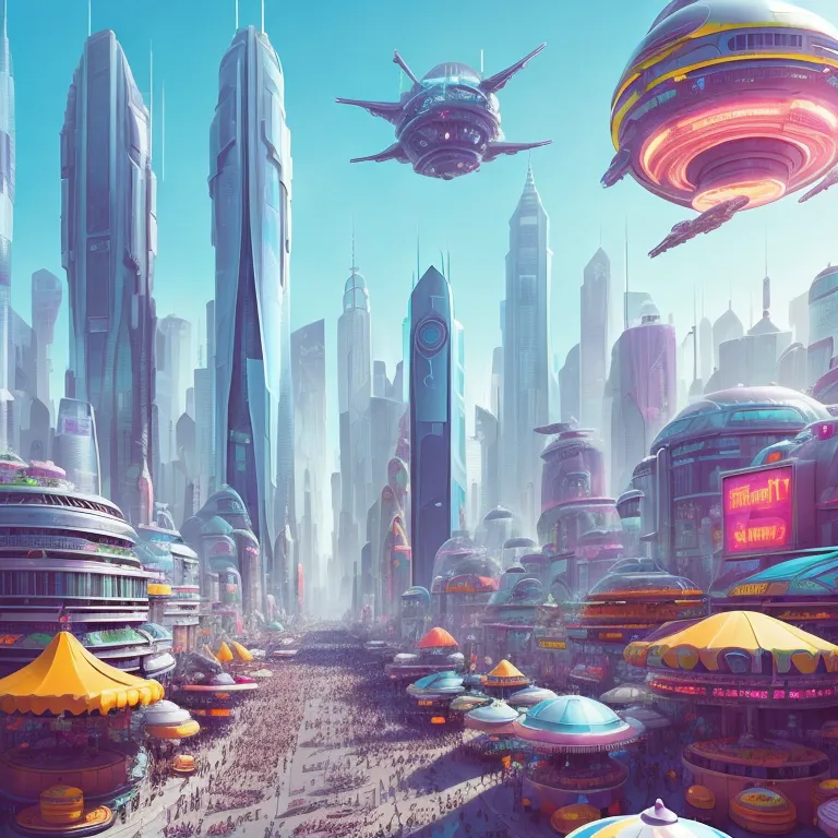 The image is set in a futuristic city. There are many tall buildings, and the sky is filled with flying cars and other vehicles. The people are all wearing futuristic clothes. There are many shops and restaurants on the street. The city is very crowded, and it looks like a very busy place.