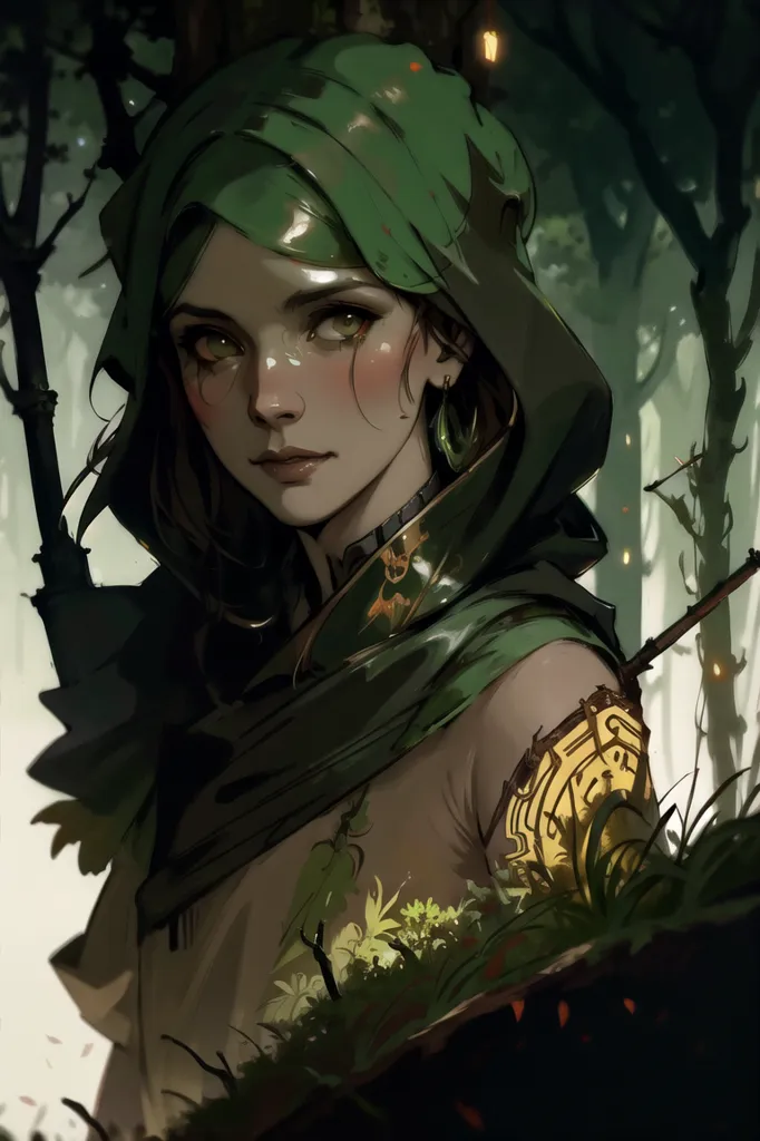 This image shows a woman wearing a green hood with a gold pin on it. The hood is lined with fur. The woman's hair is dark brown. Her eyes are green, and her skin is fair. She is wearing a green tunic with a brown belt. She has a quiver of arrows on her back and is holding a bow in her left hand. She is standing in a forest, and there are trees and leaves in the background.