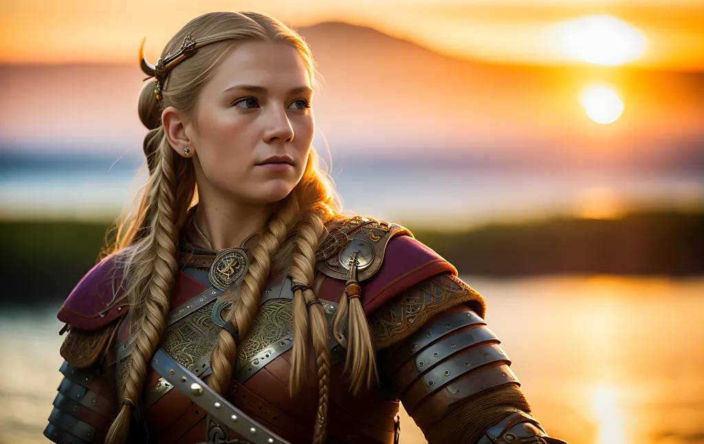 This is an image of a young woman dressed as a warrior. She is wearing a breastplate and a horned helmet. She has a sword in her hand and is standing in front of a sunset. The background is a blurred landscape with mountains and a river. The woman's hair is long and blonde, and she has blue eyes. She is looking to the right of the frame, which is where the viewer's attention is drawn. The image is both beautiful and powerful, and it evokes a sense of adventure and excitement.