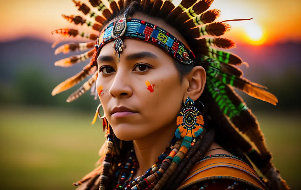 Esta imagem mostra uma mulher jovem, provavelmente uma nativa americana, usando um cocar tradicional. O cocar é feito de penas e contas, e é muito colorido. O rosto da mulher está pintado com listras vermelhas e brancas, e ela está usando brincos. Seu cabelo é longo e preto. O fundo da imagem é um pôr do sol, que é muito bonito.