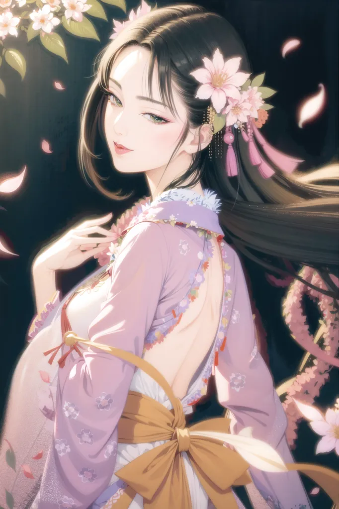 L'image montre une belle femme en kimono. Elle a de longs cheveux noirs et des yeux verts. Elle porte un kimono rose et blanc avec un motif floral. Le kimono est attaché avec une écharpe obi jaune. Elle porte également plusieurs accessoires pour les cheveux, notamment des fleurs et des perles. La femme se tient devant un fond sombre avec quelques fleurs de cerisier. Elle regarde le spectateur avec un léger sourire sur le visage.