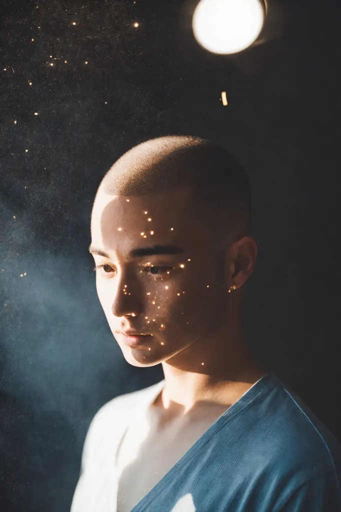 The photo shows a young man with a shaved head and light colored eyes. He is wearing a gray shirt and looking down with a neutral expression. There is a bright light above and to the right of his head, and there are some small, shiny particles floating in the air around him. The background is dark.