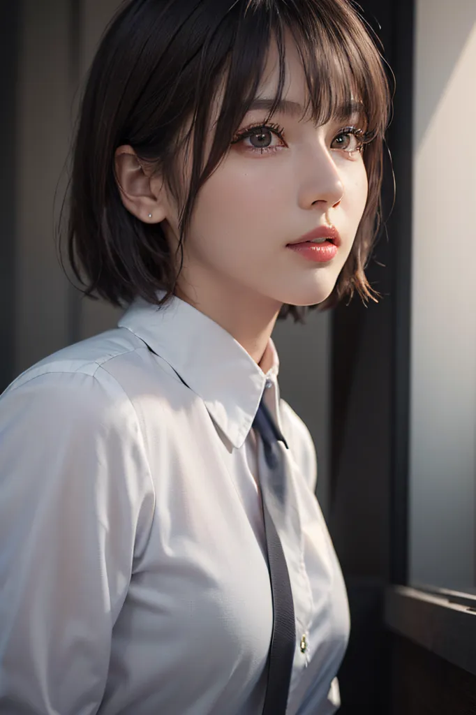 The image is a portrait of a young woman with short brown hair and brown eyes. She is wearing a white shirt and a black tie. The image is cropped at the shoulders. The woman is looking to the right of the frame. Her expression is pensive and thoughtful. The background is a blur of light and dark colors.