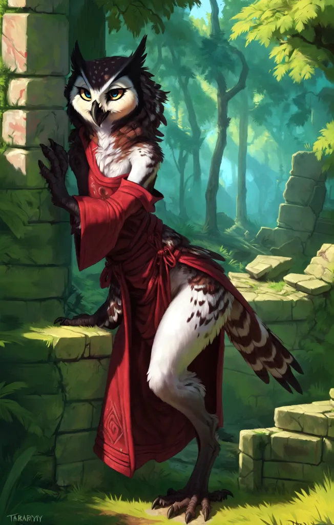 The image is of a beautiful woman with owl-like features. She has large, round eyes, a hooked nose, and pointed ears. Her hair is long and black, and she wears a red dress with a white collar. She is standing in a forest, and there are ruins of a building behind her.