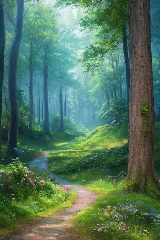 The image is a digital painting of a forest. The forest is full of tall, green trees and a winding path that leads through it. The trees are covered in leaves and the ground is covered in grass and flowers. The sun is shining through the trees and creating a dappled pattern on the ground. The forest is full of mist and has a magical, dreamlike atmosphere.