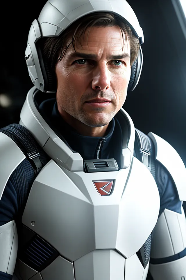 This is an image of actor Tom Cruise in a spacesuit. He is wearing a white helmet with a visor, a white spacesuit with a red triangle on the chest, and a pair of headphones. He is looking at the camera with a serious expression. The background is dark.