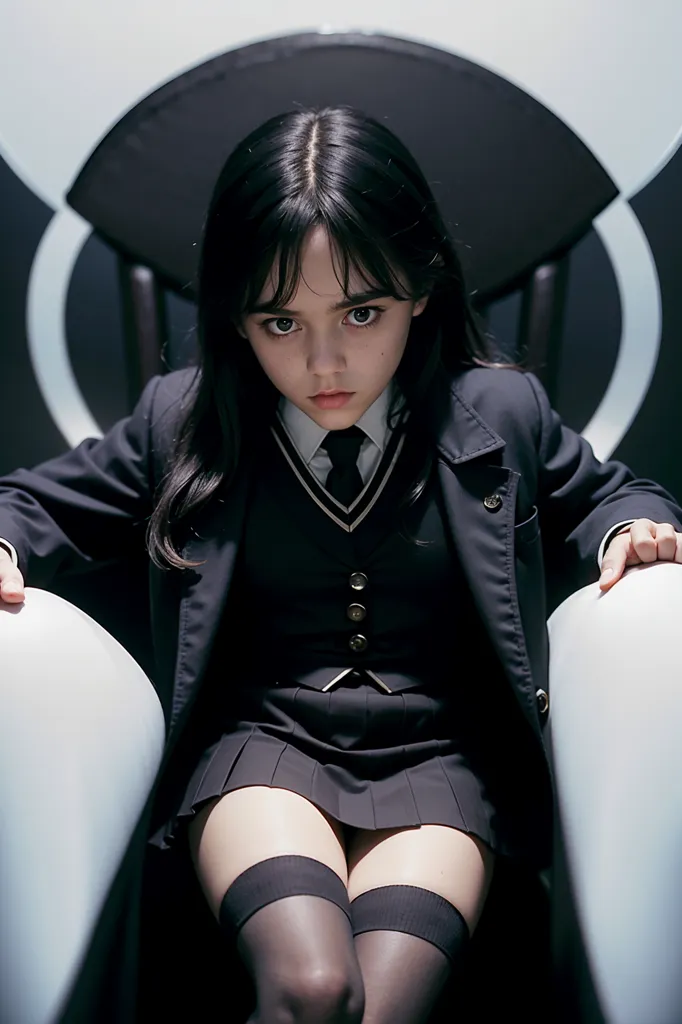 The image shows a young girl with long black hair, pale skin, and dark eyes. She is wearing a black school uniform consisting of a blazer, a white shirt, a gray tie, and a pleated skirt. She is also wearing black knee-high socks and black leather shoes. She is sitting in a large, white, futuristic chair with her hands resting on the armrests. The background is a dark gray color. The girl has a serious expression on her face.