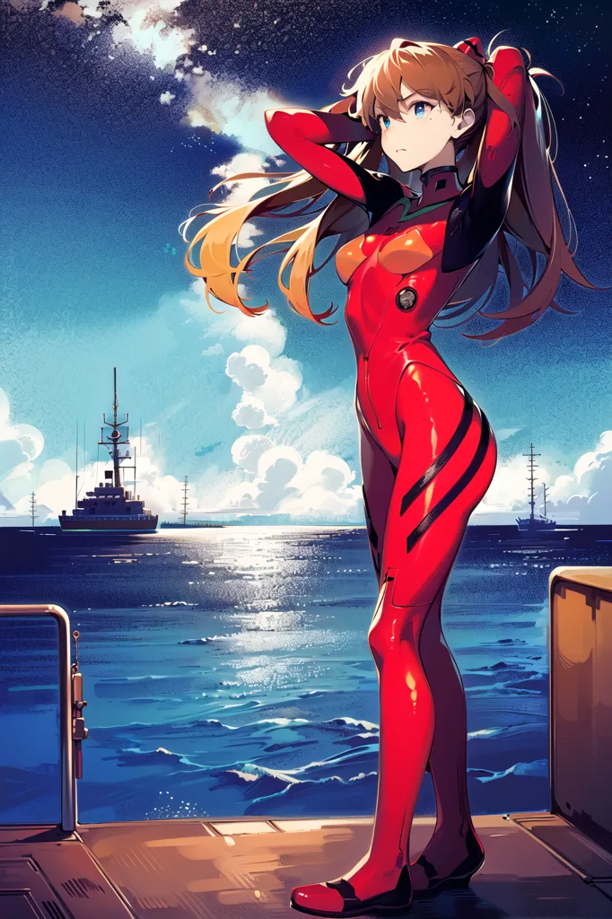 The image is of a girl with long orange hair standing on a dock in a futuristic city. She is wearing a red and black bodysuit and is looking out at the water. There are ships in the background and a large building on the left. The sky is dark and there are clouds in the distance.