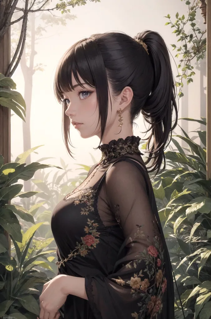 The image is a portrait of a young woman with long black hair and blue eyes. She is wearing a black dress with a high collar and a white camisole. The dress is decorated with floral embroidery. She is standing in a lush garden, surrounded by green plants. The background is soft and out of focus.