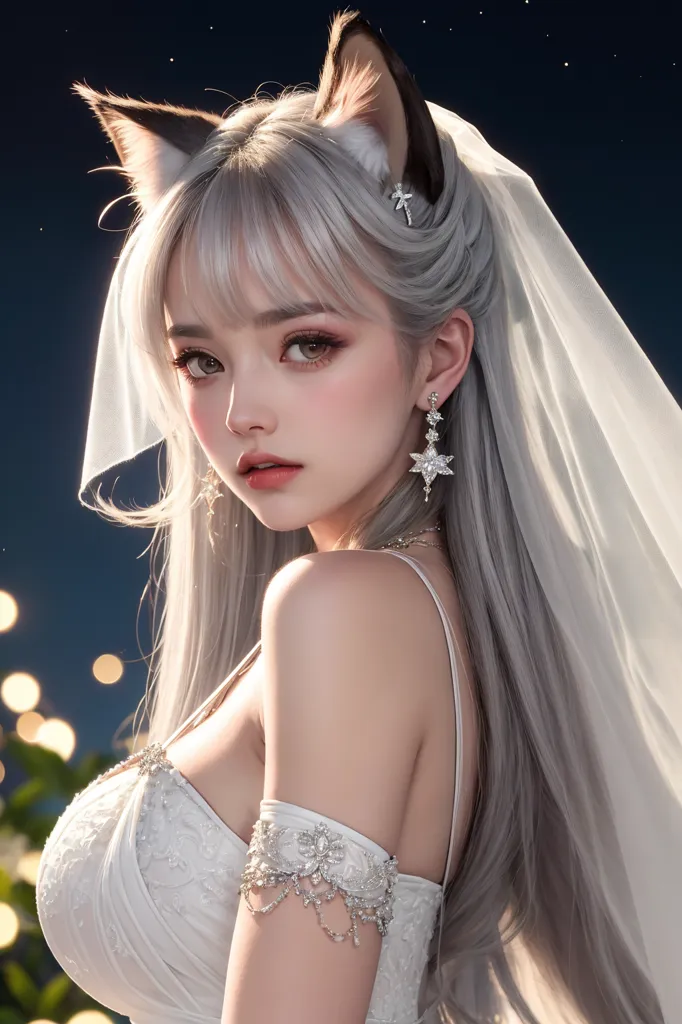 The image is a portrait of a beautiful young woman with long silver hair, cat ears, and brown eyes. She is wearing a white wedding dress with a sweetheart neckline and a tulle veil. The dress is embellished with intricate beading and lace. She is also wearing a pair of diamond earrings and a diamond necklace. Her hair is styled in a half-up, half-down style with the front pulled back into a bun. The image is set against a dark blue background with a starry night sky.