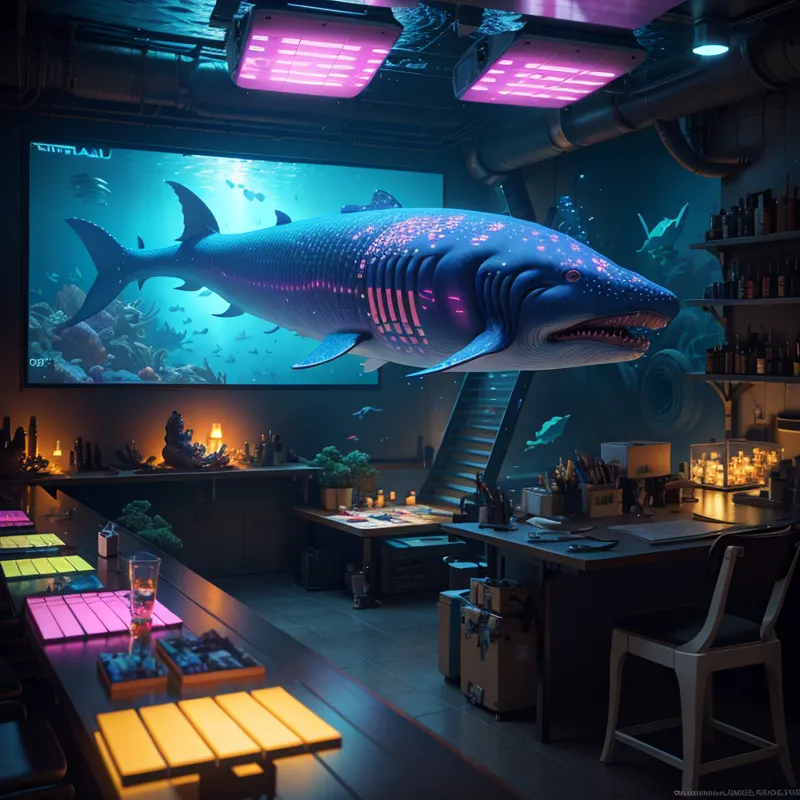 The image is a digital painting of a room that is part laboratory and part bar. The room is dimly lit and has a large tank on one wall that contains a shark. The shark appears to be swimming towards the viewer. The room is furnished with a variety of objects, including a bar, a table, and some chairs. There are also a number of plants and other objects in the room. The overall atmosphere of the room is one of mystery and intrigue.