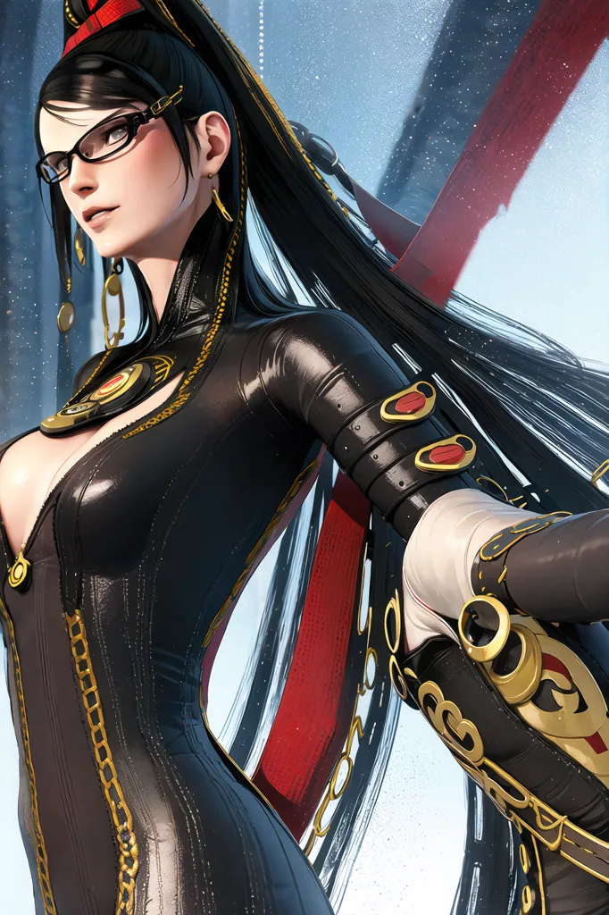 The picture shows a young woman with long black hair, red and black eyes, and glasses. She is wearing a black and red bodysuit. There are several golden accessories on her outfit. She has a serious expression on her face. She is standing in a snowy landscape.