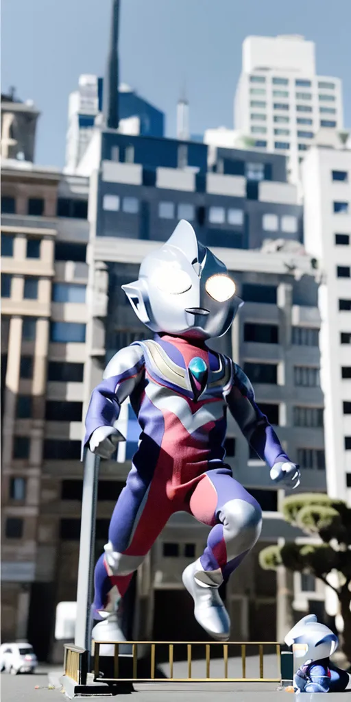 The image shows a giant Ultraman standing on a rooftop in a city. The Ultraman is wearing a silver and blue suit with red and purple accents. He has a large eye on his forehead and a mouth that is covered by a mask. The Ultraman is looking down at a small child who is standing on the ground. The child is wearing a blue shirt and shorts. The Ultraman is smiling at the child. There are buildings in the background of the image.