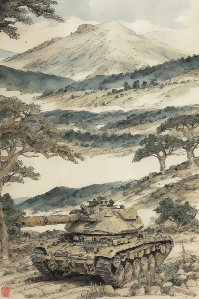 The image is a watercolor painting of a tank in a desert landscape. The tank is in the foreground, with a mountain range in the background. The tank is painted in shades of green and brown, and the mountain range is painted in shades of blue and purple. The painting is done in a realistic style, and the artist has used shading to create depth and detail.