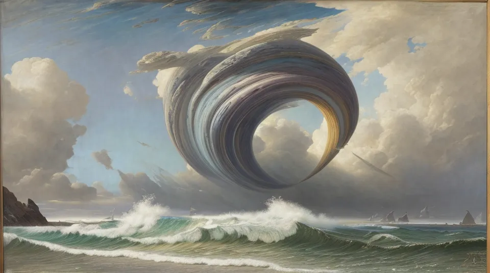 The image is an oil painting of a large, colorful tornado over the ocean. The tornado is made up of swirling clouds and has a hole in the center. The sky is blue and cloudy, and the ocean is rough and choppy. There are two small sailboats on the ocean, and a large rock formation on the left side of the painting.