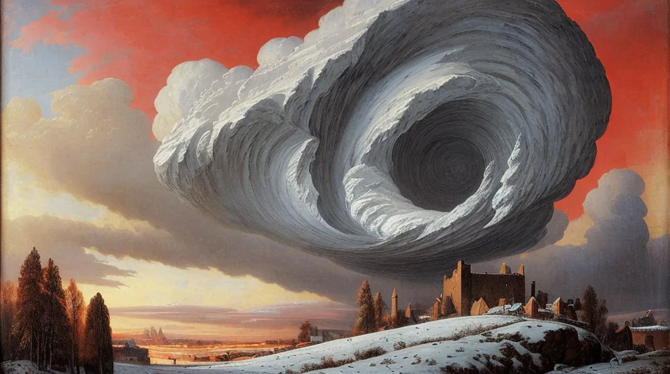 La pintura es una representación de una gran nube de tormenta giratoria. La nube es oscura y amenazante, y parece estar hecha de nieve. La nube está rodeada de un cielo rojo brillante, y hay árboles y edificios en el primer plano de la pintura. La pintura está hecha en un estilo realista, y el artista ha utilizado la luz y la sombra para crear una sensación de profundidad y atmósfera. La pintura también está llena de simbolismo. La nube de tormenta podría verse como una metáfora del caos y la incertidumbre de la vida, mientras que el cielo rojo brillante podría verse como un símbolo de esperanza y redención. La pintura es una obra de arte poderosa y conmovedora, y seguramente permanecerá contigo mucho después de haberla visto.