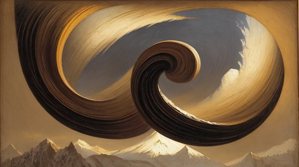 The image is an oil painting of a whirlpool. The whirlpool is depicted as a large, spiraling funnel of water, with the water flowing in a clockwise direction. The whirlpool is set against a backdrop of mountains, with the peaks of the mountains extending up into the sky. The sky is depicted as a swirling mass of clouds, with the clouds moving in a counter-clockwise direction. The painting is done in a realistic style, with the artist using a variety of techniques to create a sense of depth and movement in the image. The painting is also done in a muted color palette, with the browns and grays of the whirlpool and mountains contrasting with the blues and whites of the sky and clouds. The overall effect of the painting is one of awe and wonder, as the viewer is drawn into the swirling vortex of the whirlpool.