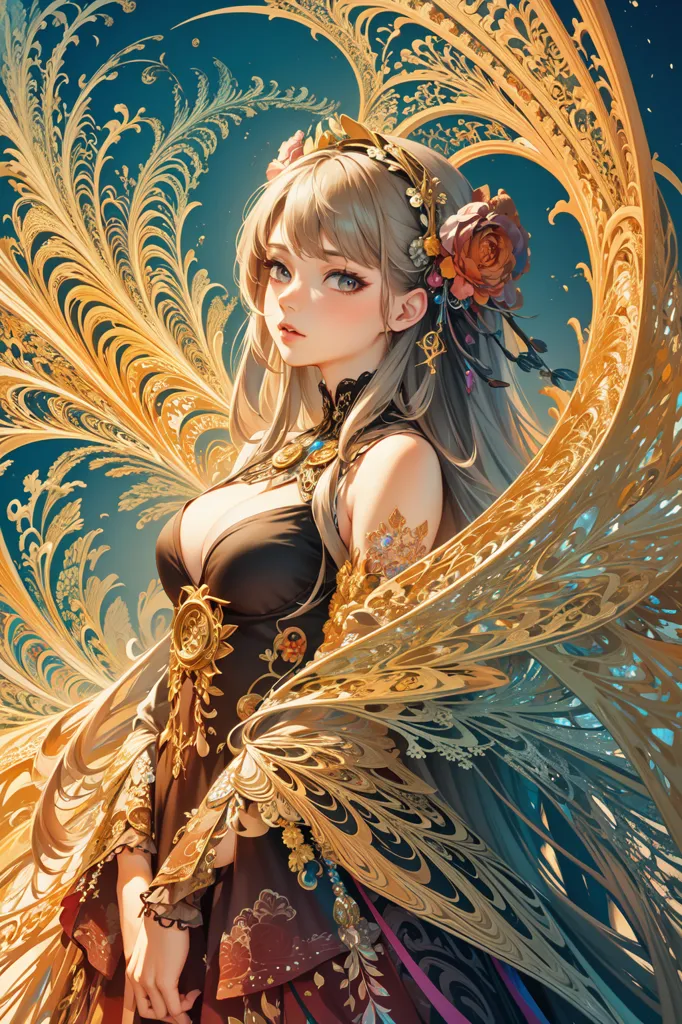 A imagem é uma pintura de uma bela mulher com longos cabelos loiros e olhos azuis. Ela está usando um vestido preto com um colar de ouro e um adereço de cabeça dourado. Ela tem uma flor no cabelo e está rodeada de penas douradas. O fundo é azul escuro com um brilho verde.