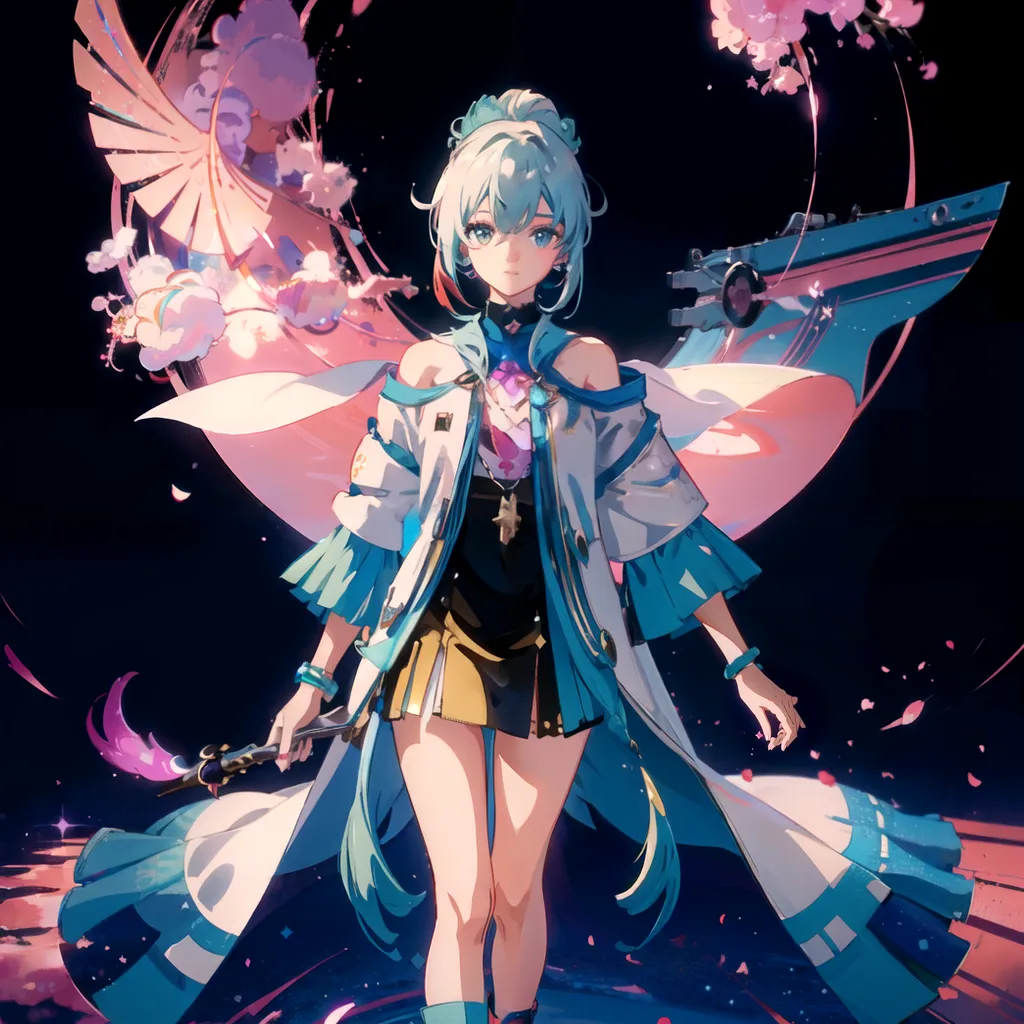 The image is of an anime-style girl with long blue hair and green eyes. She is wearing a white and blue outfit with a skirt and a long coat. She is also wearing a pair of headphones. She is standing in a dark blue void with a large ship in the background. There are also some pink and white flowers in the background. The girl is holding a sword in her right hand. She has a serious expression on her face.