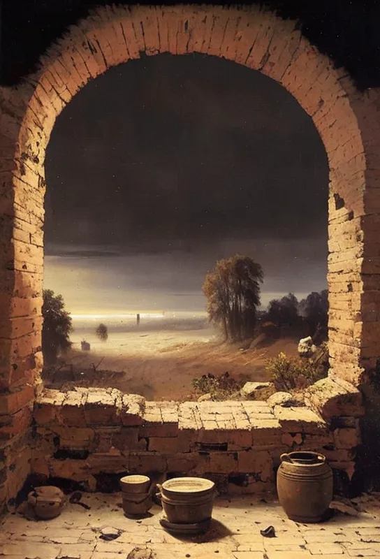 The image is a painting. It is a view of a moonlit landscape from a window. The foreground shows a stone windowsill with some pottery on it. The window is arched and made of brick. The background shows a dark landscape with a body of water and some trees. The sky is cloudy and there is a bright moon.