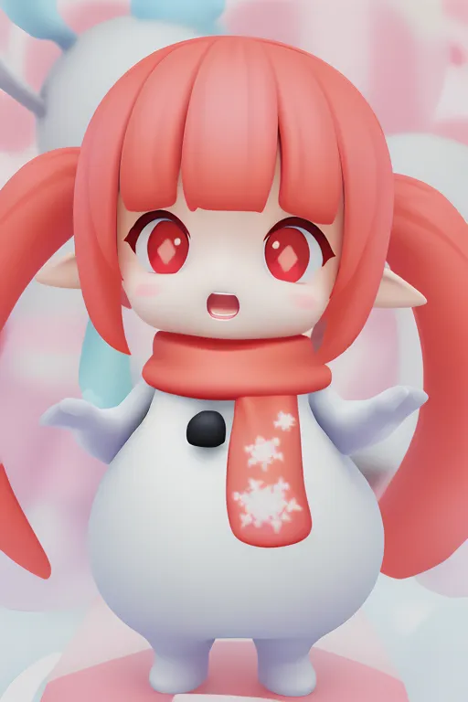 The image shows a figurine of a chibi girl with pink twintails and red eyes. She is wearing a red scarf with a snowflake pattern and a white bodysuit. Her arms are outstretched, and she has a surprised expression on her face. She is standing on a pink base. The background is a light pink color, with a pattern of white snowflakes.