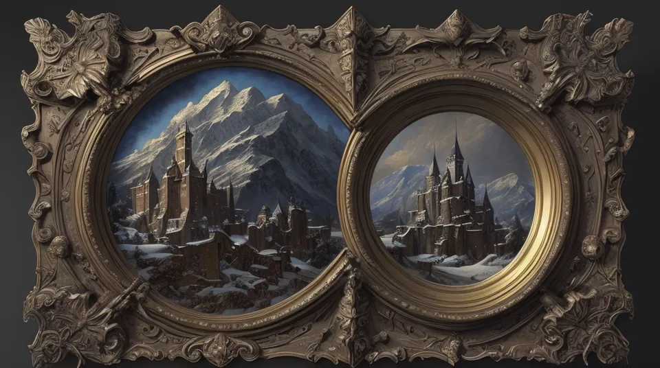 La imagen es una pintura de un castillo en las montañas. El castillo está rodeado de montañas cubiertas de nieve y hay un río que fluye a través del valle de abajo. La pintura está hecha en un estilo realista y los colores son apagados y naturales. La pintura está enmarcada en un marco dorado ornamentado con adornos en cada esquina.