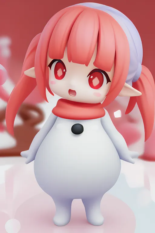 The image shows a figurine of a chibi version of the character Snow Miku from the Vocaloid series. She is wearing a white and red snowsuit with a matching hat and scarf. Her hair is pink and her eyes are red. She is standing on a pink base and has a surprised expression on her face.