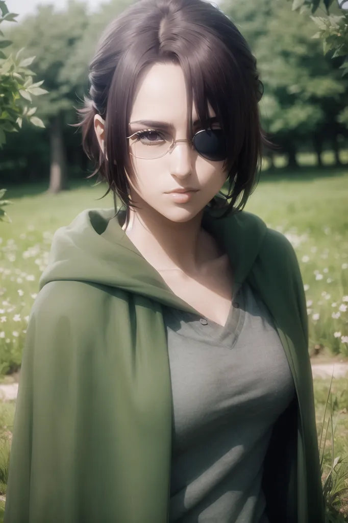 The image is of a young woman with brown hair and green eyes. She is wearing a green cloak with a white shirt underneath. She is also wearing glasses with an eyepatch over her right eye. The background is a blur of trees and flowers.