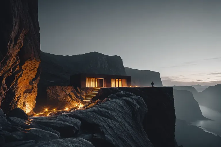 The image is a beautiful landscape of a house on a cliff. The house is modern and has a large glass window looking out onto the view. There is a person standing on the edge of the cliff looking out at the view. The sun is setting and the sky is a deep orange. The water below is calm and still. The image is very peaceful and serene.