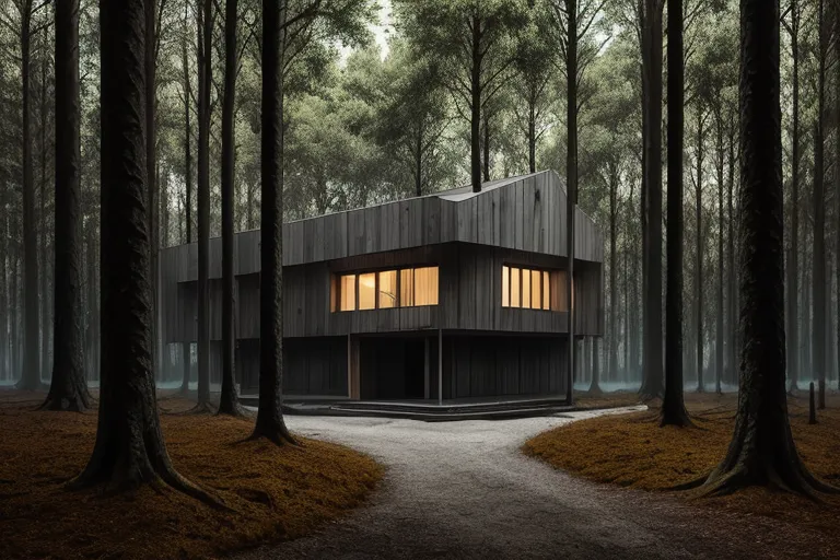 The image is a dark and moody forest. The trees are tall and the branches are thick, creating a dense canopy that blocks out the sun. The ground is covered in a thick layer of leaves and moss. In the middle of the forest is a modern house. The house is made of dark wood and has a large glass window. The house is lit up, creating a warm and inviting contrast to the dark forest.