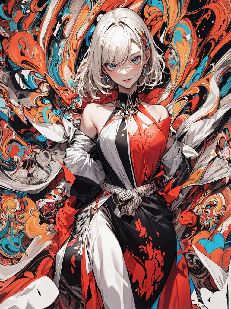 The image is a portrait of a beautiful anime girl with long white hair and blue eyes. She is wearing a red and white kimono with a black obi. The background is a colorful abstract pattern. The girl is looking at the viewer with a serious expression.