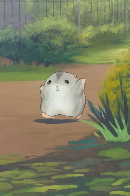 The image shows a small, chubby gray and white hamster with its arms in the air. It is standing on a dirt path in a park. The path is surrounded by green grass and bushes, and there are some yellow flowers on the right side. In the background, there is a wooden fence. The hamster is looking at the viewer with a happy expression on its face.