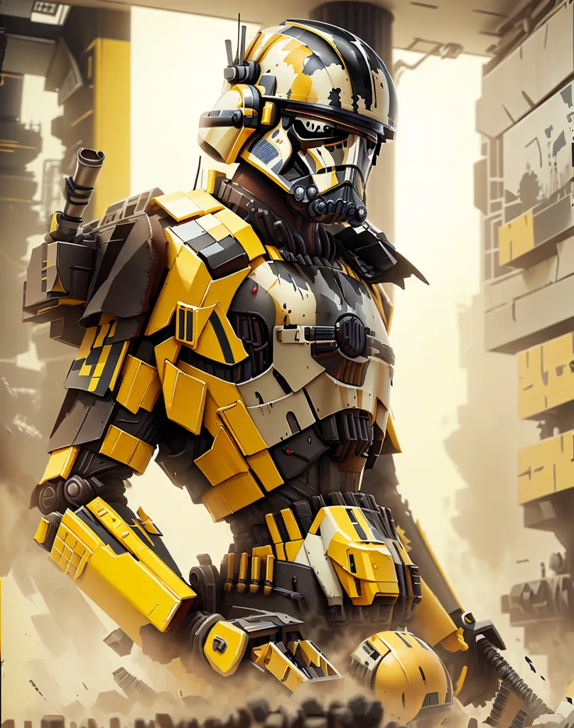 The image shows a yellow and gray stormtrooper from Star Wars. The stormtrooper is wearing a helmet with a black visor and a backpack. It is also carrying a gun. The background of the image is a yellow, war-torn cityscape.