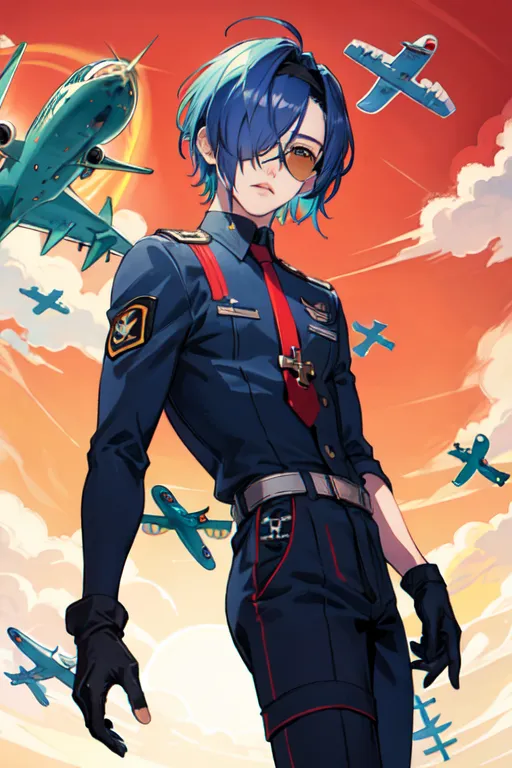 Esta es una imagen de un hombre joven de pie frente a un cielo rojo y nublado. Lleva un uniforme militar azul con una corbata roja y tiene el cabello y los ojos azules. Hay varios aviones en el fondo.