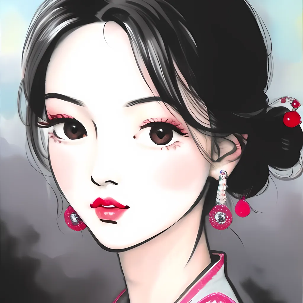 The picture shows a young woman with long black hair. She is wearing a white dress with a pink sash. Her hair is done up in a traditional Korean bun. She is wearing pink earrings and has a pink blush on her cheeks. Her lips are pink and her eyes are brown. She is looking at the viewer with a slight smile. The background is a gradient of blue and white.