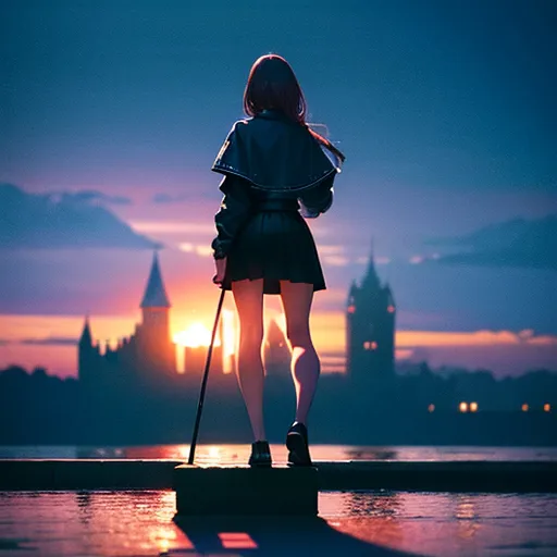 The image is a painting of a girl standing on a dock with a cityscape in the background. The girl is wearing a black coat and a skirt. She has long red hair and is carrying a cane. The sun is setting behind the city and the sky is a gradient of orange and pink. The water in the foreground is reflecting the light of the sunset. The painting has a somewhat melancholic feel to it.