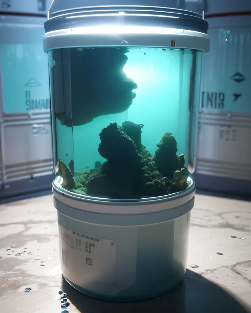 The image is a 3D rendering of a cylindrical glass tank containing a coral reef. The tank is sitting on a reflective surface in what appears to be a large, empty room with concrete walls. The coral reef is illuminated by a spotlight from above, and there are small pebbles scattered on the floor of the tank.