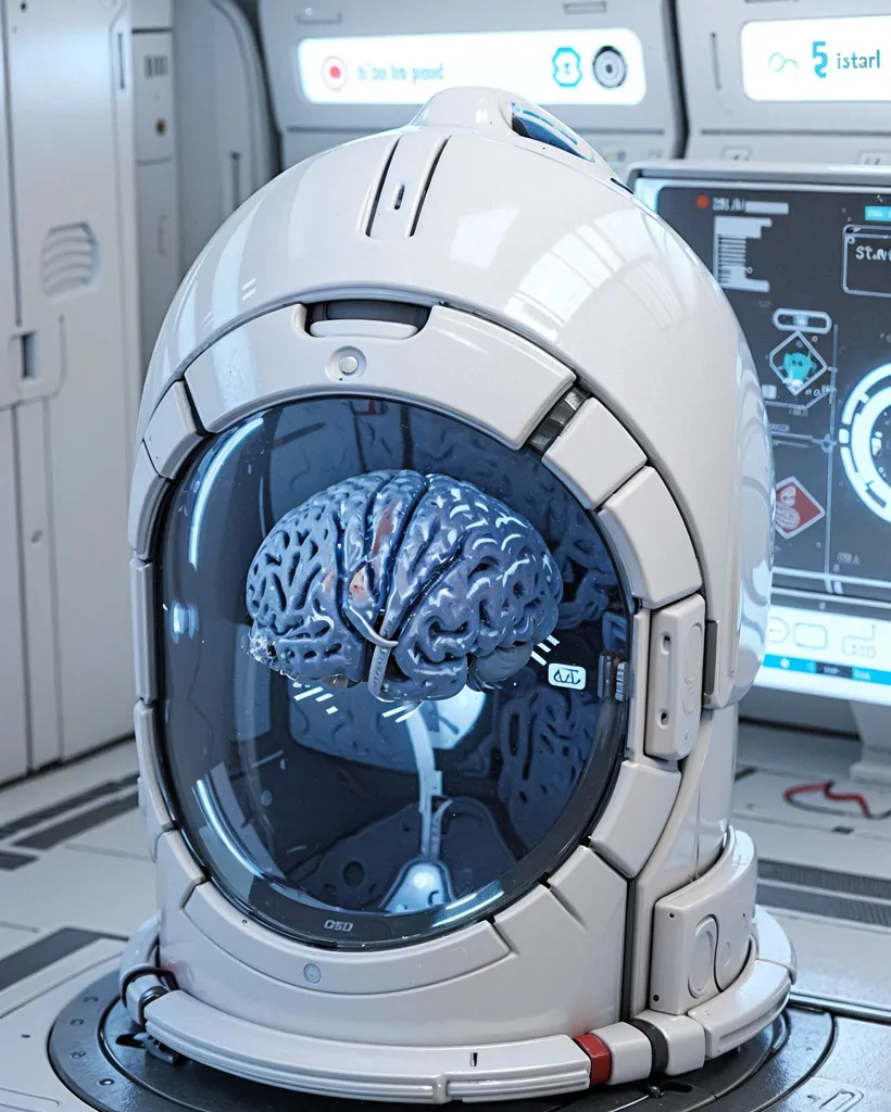 The image depicts a futuristic brain scanner. A human brain is placed inside a clear glass dome. The dome is attached to a white futuristic machine. The machine has a control panel with a lot of buttons and a screen. The brain inside the dome is being scanned.