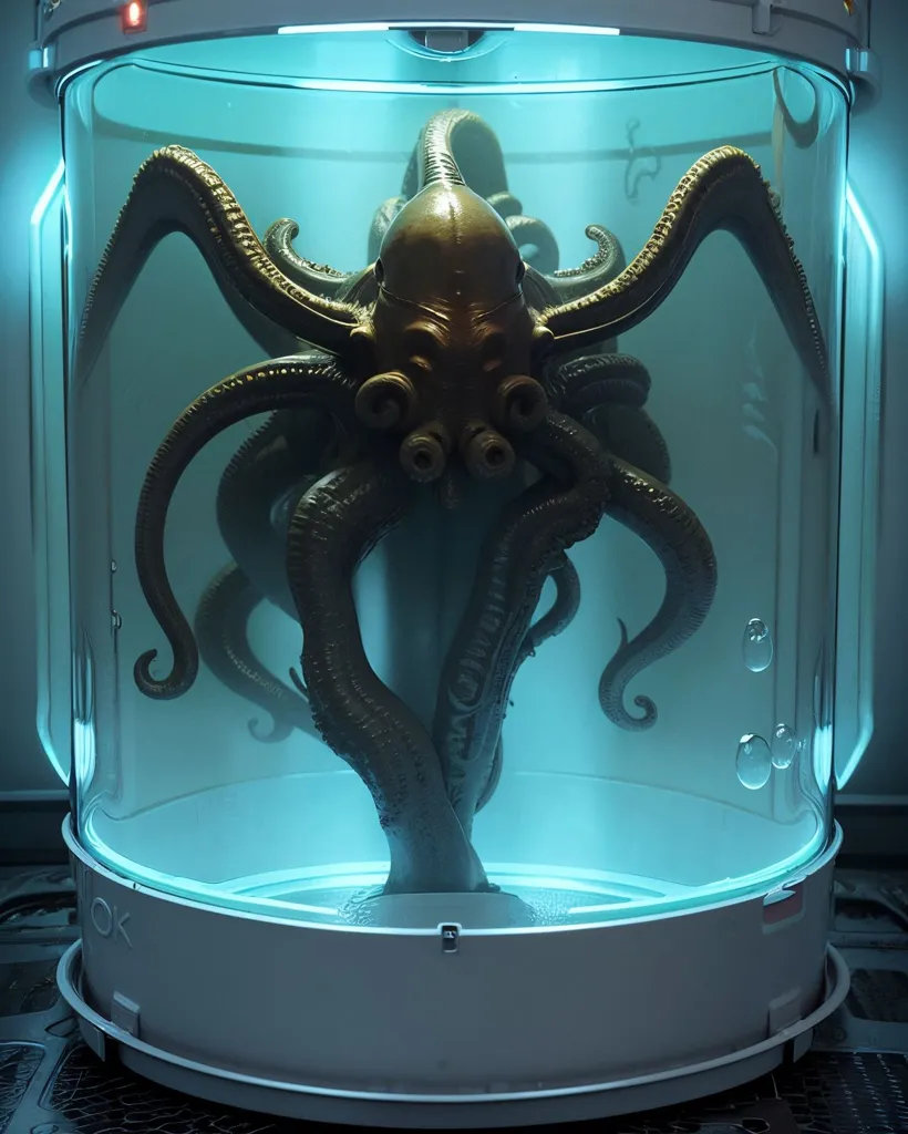 The image is of an octopus in a glass tank. The octopus is large and has a dark brown color. It is suspended in a blue liquid. The tank is made of glass and has a metal frame. The octopus is looking at the camera.