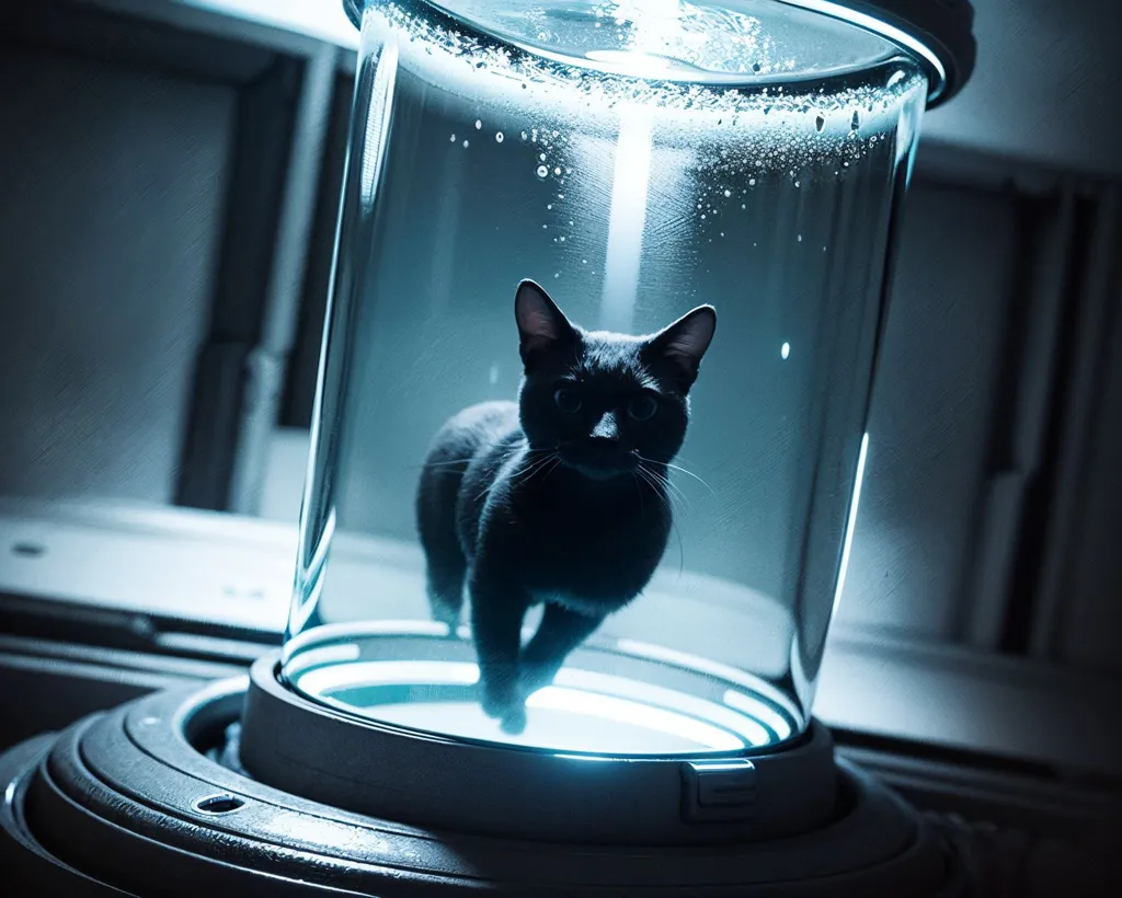 The image is a photo of a black cat in a glass container. The container is filled with a clear liquid, and the cat is standing on a small platform at the bottom. The container is lit by a bright light, and the cat's fur is reflecting the light. The cat is looking at the camera with a curious expression. The image is taken from a low angle, making the cat look larger and more imposing. The background of the image is a dark, industrial setting, with pipes and machinery visible.