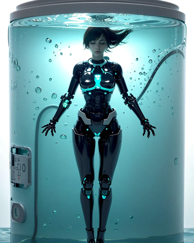 The image is a 3D rendering of a female android. She is depicted as having long black hair, fair skin, and blue eyes. She is wearing a black bodysuit with blue highlights. She is standing in a glass tube filled with a blue liquid. The tube is labeled \