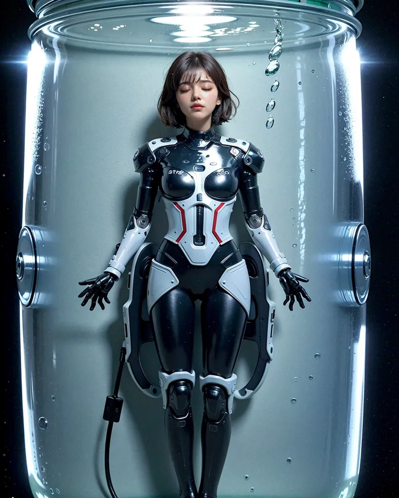 The image depicts a young woman wearing a black and white bodysuit with futuristic design elements. She is standing in a glass container filled with a clear liquid. The woman's eyes are closed, and her expression is serene. She has short brown hair. The container is sealed with a metal lid.