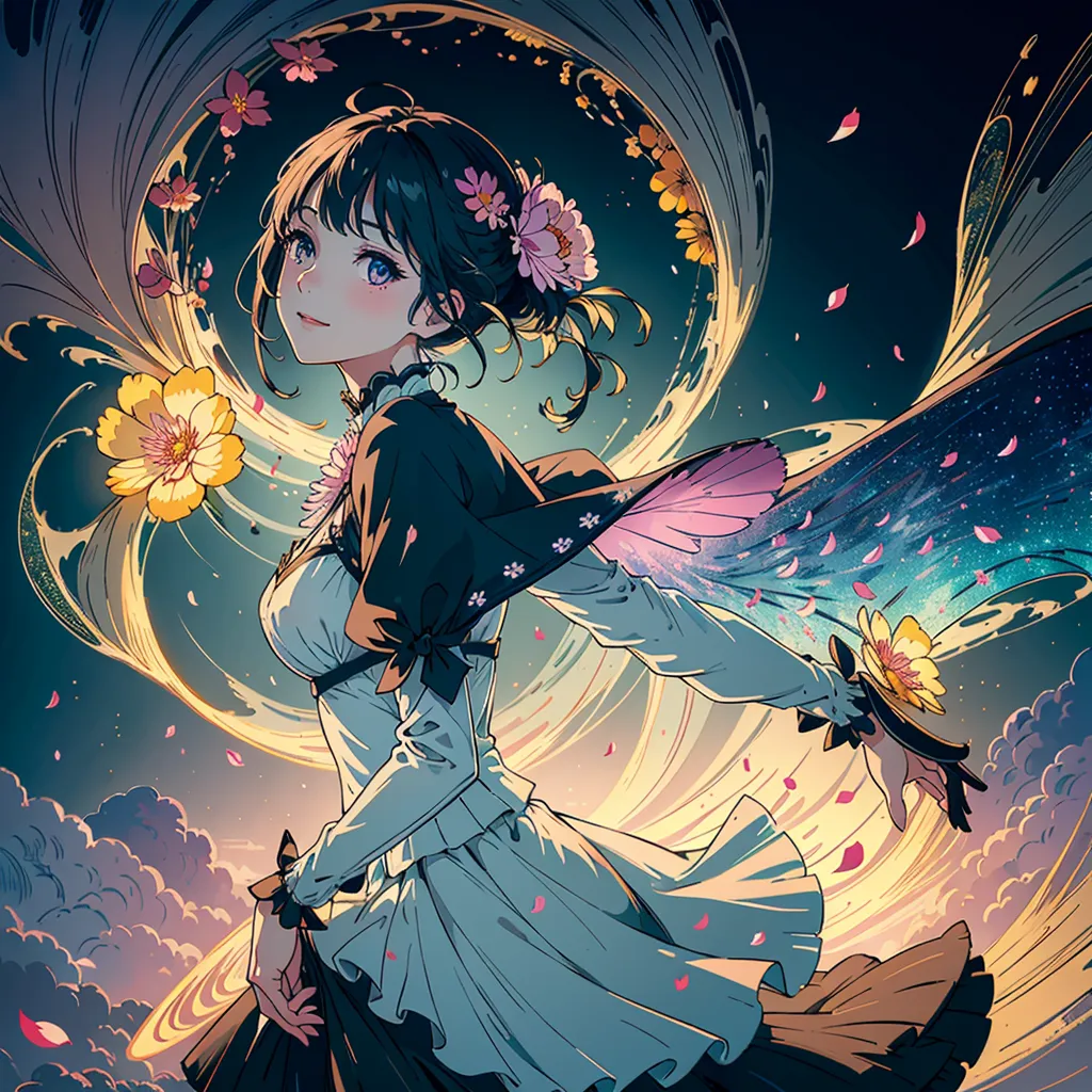 This is an image of a girl with long brown hair and blue eyes. She is wearing a white dress with a black cape. There are flowers in her hair and around her. She has a butterfly-like wing on her right side. She is standing in front of a blue background with a white crescent moon.