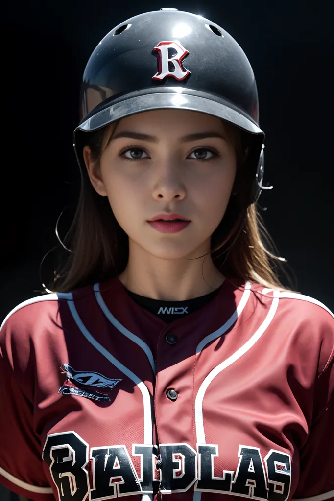 Una mujer joven lleva un casco de béisbol y una camiseta de béisbol. El casco es negro con una letra "R" roja en la parte delantera. La camiseta es roja con rayas blancas en las mangas. La palabra "BADLANDS" está escrita en blanco en la parte delantera de la camiseta. La mujer tiene el cabello largo y castaño y ojos marrones. Mira a la cámara con una expresión seria.