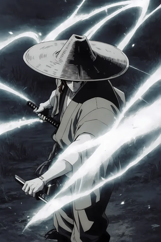 The image is in black and white. It shows a man wearing a straw hat and a kimono. He is standing in a field, and there are trees in the background. The man is holding a sword, and he looks like he is about to attack.