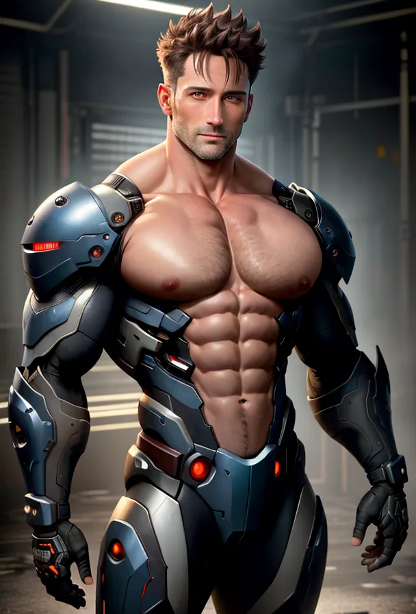 The image shows a muscular man with dark hair and blue eyes. He is wearing a black and blue armored suit with red lights on the chest and arms. The suit has a futuristic design and looks like it is made of metal. The man has a determined expression on his face and looks like he is ready for battle. He is standing in a dark room with a metal floor. There are no other objects in the room.